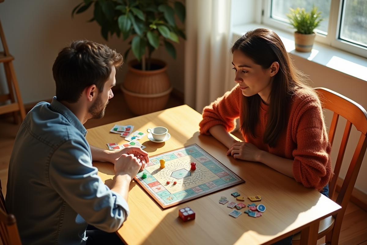 Couple jouant à un jeu de société à la lumière naturelle