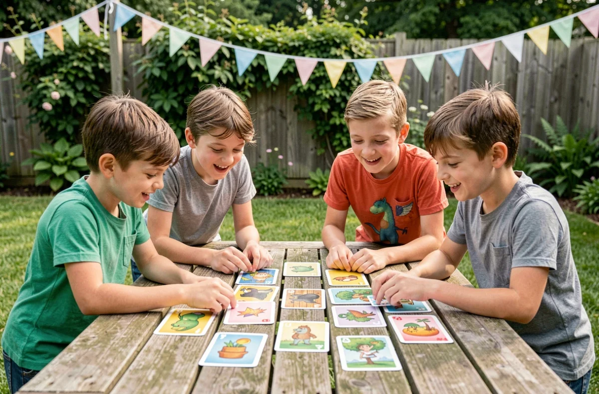 Enfants jouant à un jeu de mémoire rapide lors d'un anniversaire en plein air dans le jardin