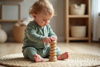 Bébé de 12 mois concentré sur un jeu Montessori en bois, empilant des anneaux sur un plateau en bouleau dans une chambre de jeux épurée
