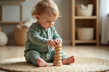 Bébé de 12 mois concentré sur un jeu Montessori en bois, empilant des anneaux sur un plateau en bouleau dans une chambre de jeux épurée