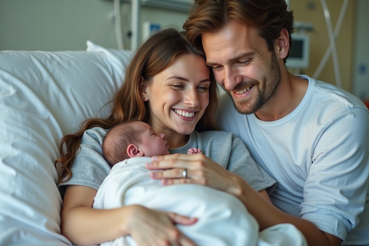 Jeune couple tenant un bébé dans une salle d