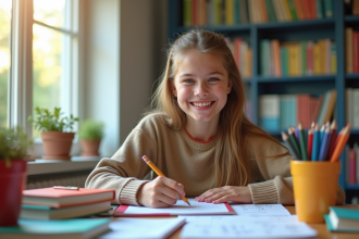 Jeune étudiant souriant en mathématiques à son bureau