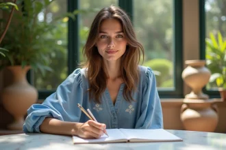 Jeune femme méditerranéenne écrivant des noms grecs dans un conservatoire