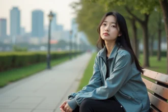 Jeune femme japonaise pensive assise sur un banc dans un parc