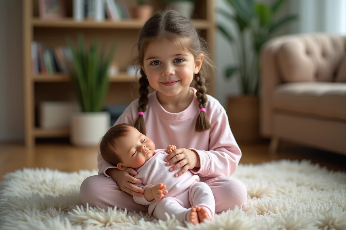 Jeune fille avec poupée reborn dans un salon chaleureux
