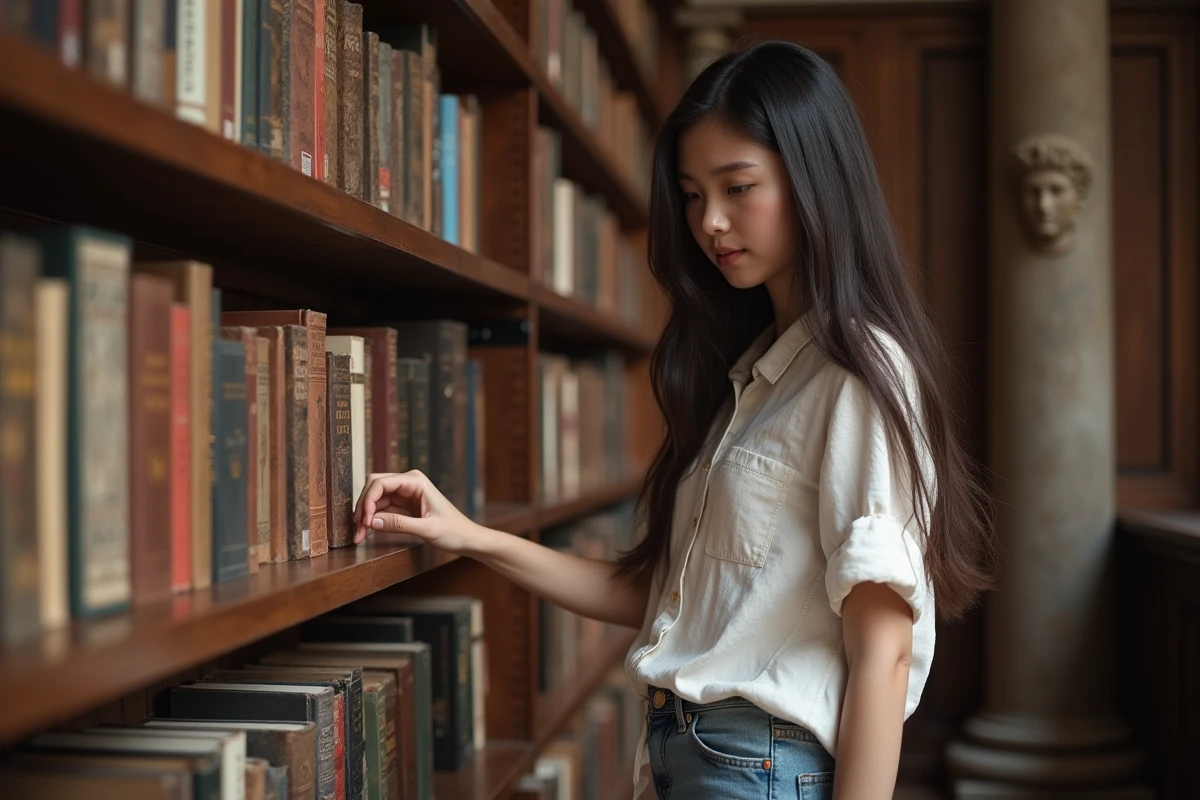 Adolescente cherchant des livres de mythologie grecque dans une bibliothèque