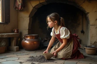 Jeune fille en robe ancienne balayant les cendres dans une cuisine rustique
