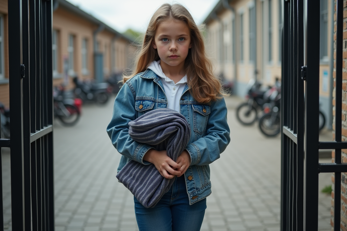 Jeune fille dehors près d une école avec uniforme