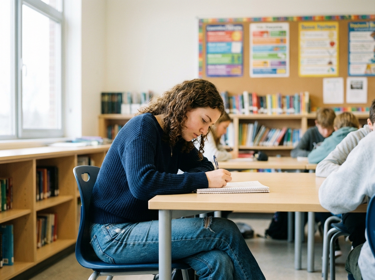 Jeune fille concentrée prenant des notes en classe
