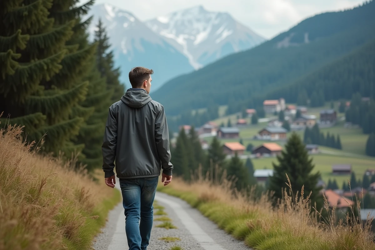 Jeune homme marchant en montagne avec paysage rural