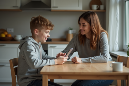 Jeune garçon de 15 ans échangeant son smartphone avec une adulte dans une cuisine moderne