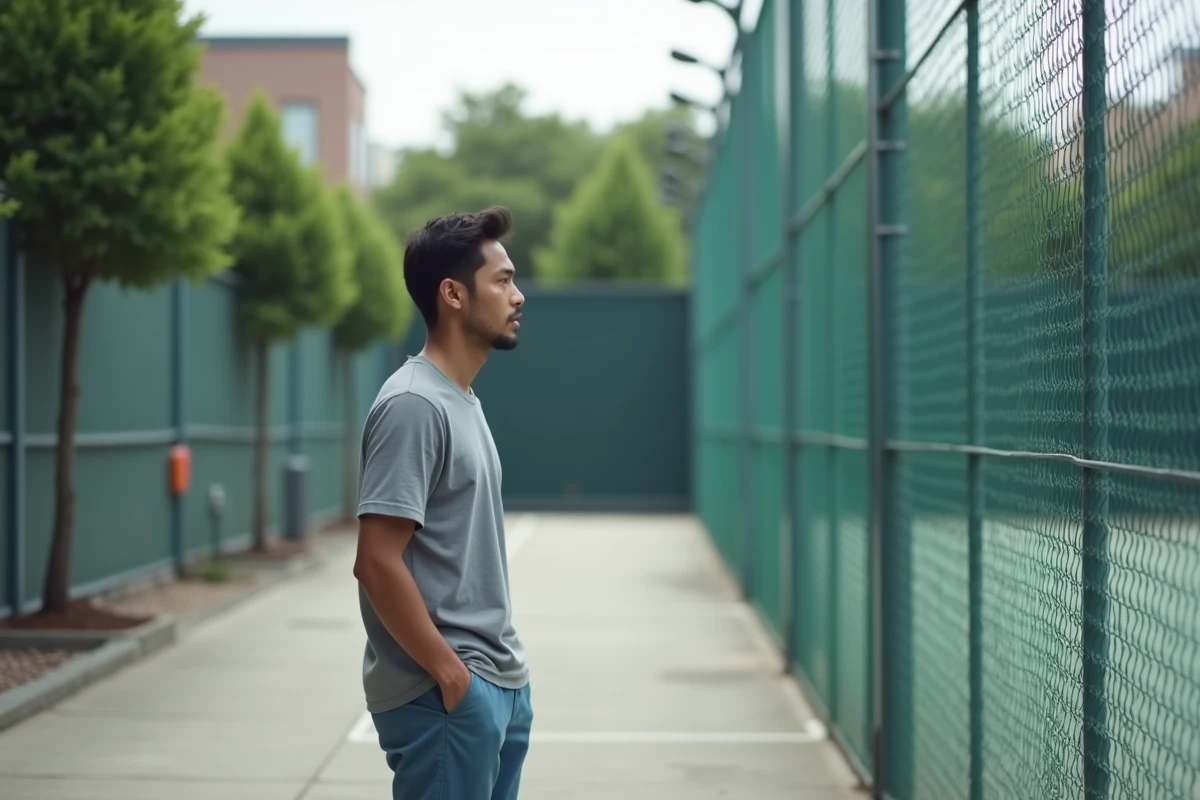 Jeune homme japonais regardant vers le tennis en ville
