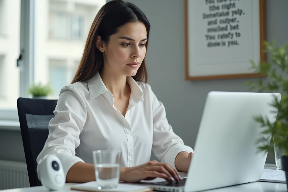 Jeune maman travaillant à son bureau à domicile avec un ordinateur portable, illustrant la fixation d'objectifs professionnels et personnels