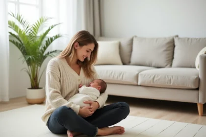 Jeune maman tenant son nouveau-né dans un salon scandinave lumineux, illustrant le soutien aux jeunes mères