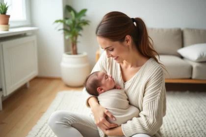Jeune mère tenant tendrement son nouveau-né dans un salon scandinave lumineux, expression douce et authentique