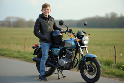 Jeune garçon de 15 ans avec moto en campagne