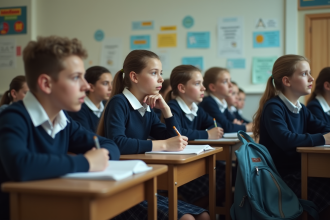 Groupe de lycéens en classe en uniforme scolaire