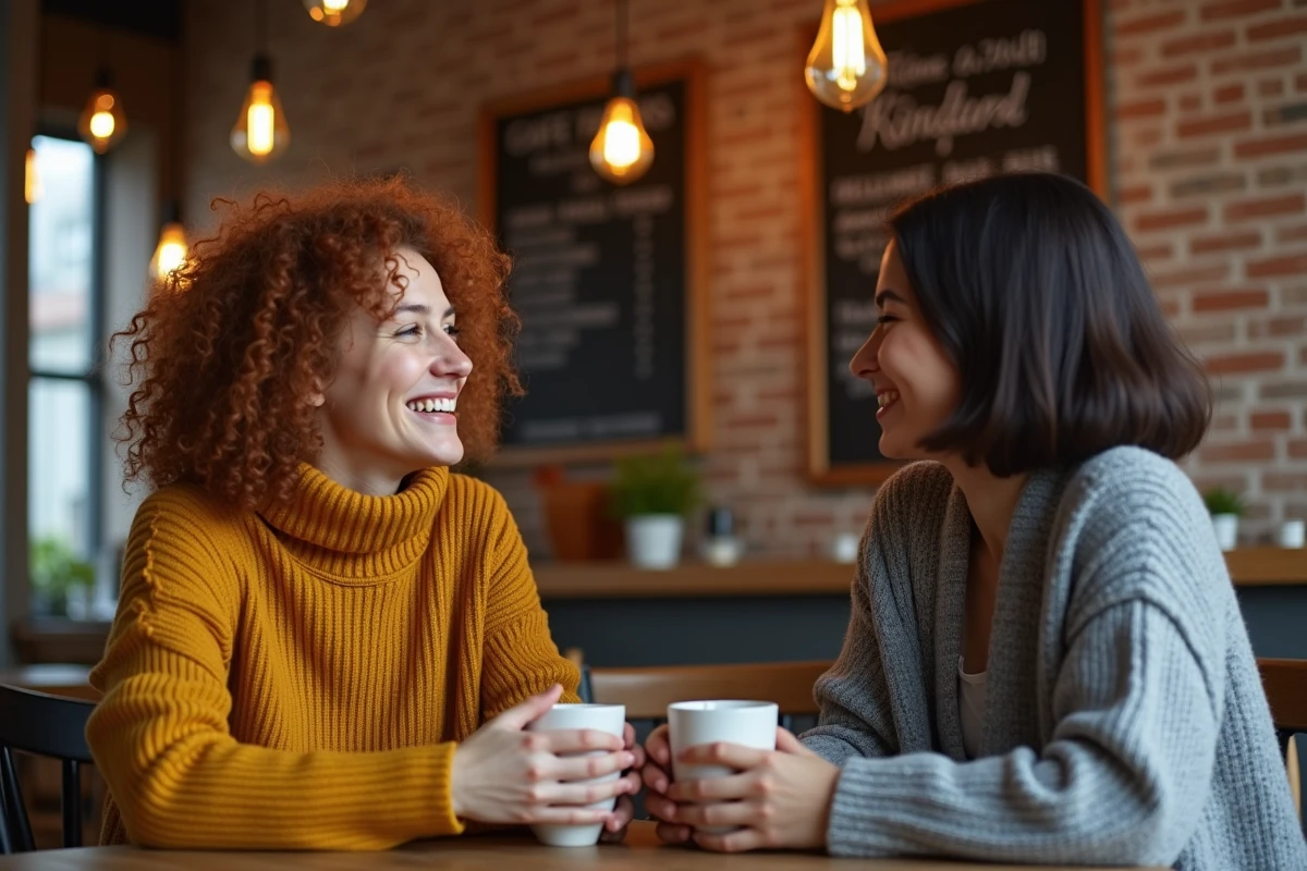 Deux jeunes mamans discutant autour d'un café dans un cadre urbain chaleureux, symbolisant l'entraide et le soutien communautaire