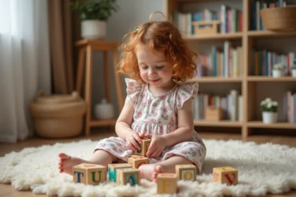 Petite fille de 3 ans jouant avec des cubes en bois alphabet sur un parquet, développant son langage par le jeu