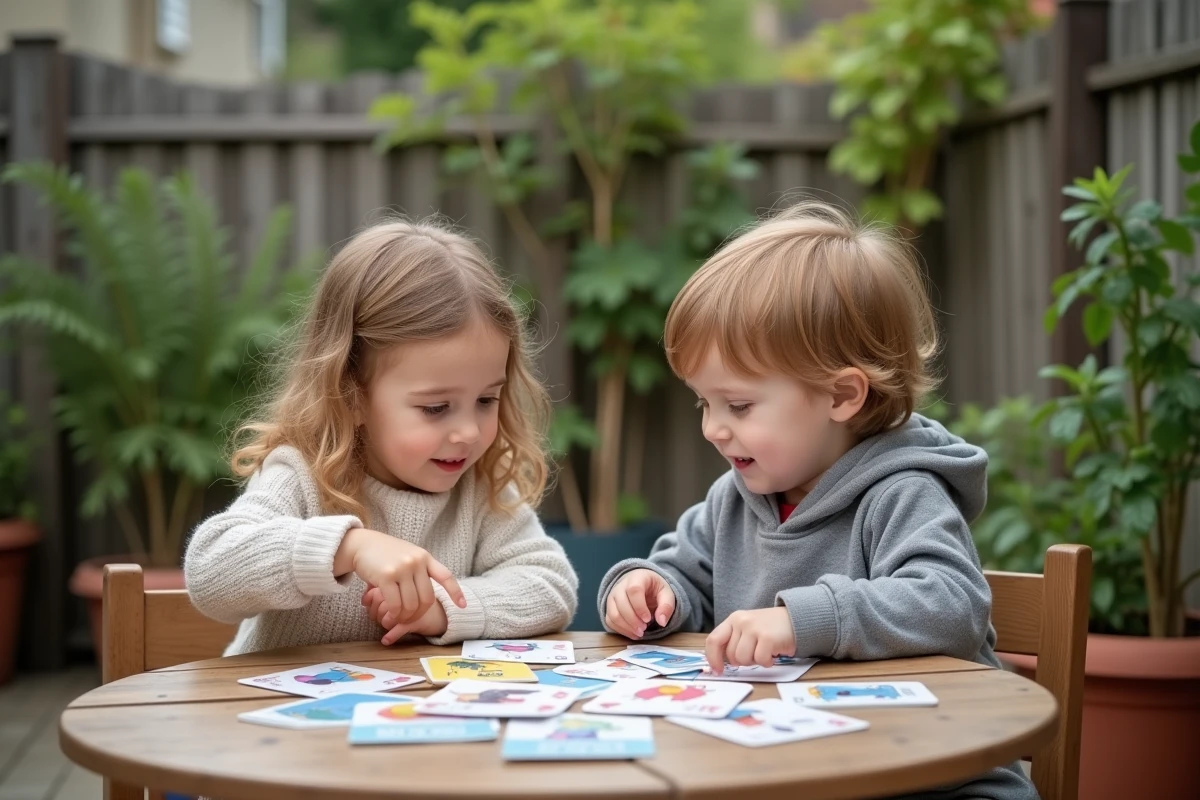 Deux enfants de 3 ans jouant ensemble à un jeu de memory illustré en plein air pour développer la mémoire et le vocabulaire
