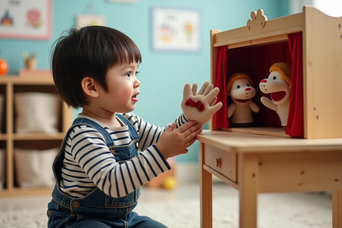 Garçon de 3 ans jouant avec un théâtre de marionnettes en bois pour stimuler l'imagination et le langage