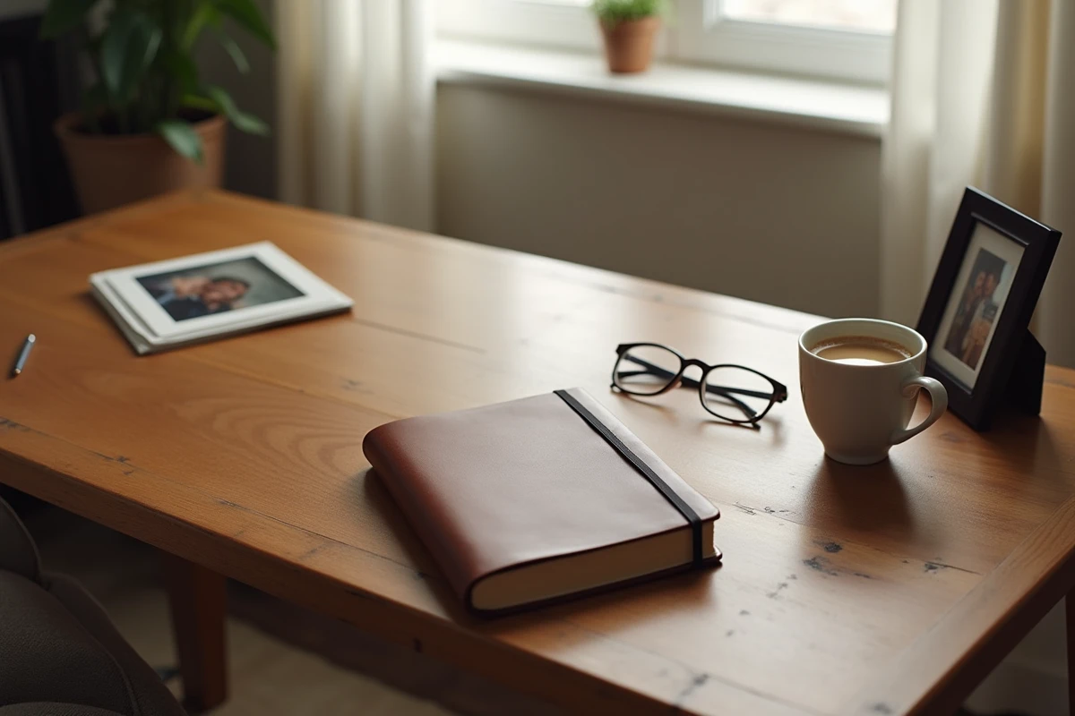 Journal intime fermé et photo de famille retournée sur un bureau en bois, évoquant la protection du secret familial et de la vie privée
