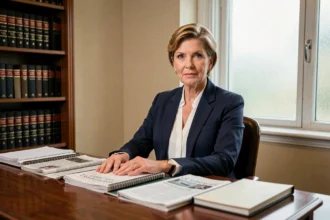 Journaliste professionnelle assise à son bureau dans une rédaction élégante, entourée de journaux et de livres de référence