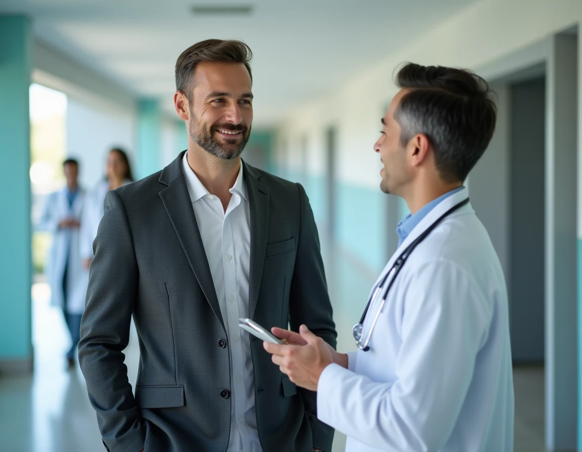 Journaliste interviewant un médecin dans un couloir d'hôpital pour un reportage sur la santé