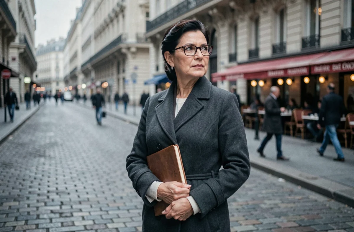Femme journaliste élégante marchant dans une rue parisienne pavée, tenant un carnet en cuir sous le bras