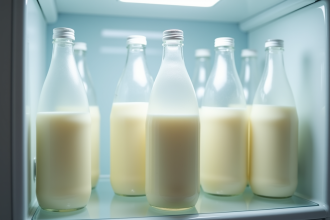 Lait maternel stocke dans des bouteilles dans un frigo bien éclairé