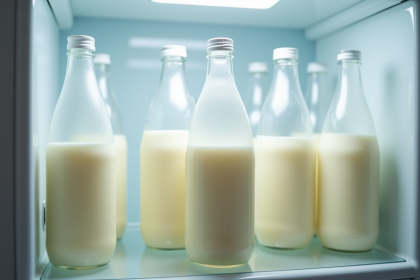 Lait maternel stocke dans des bouteilles dans un frigo bien éclairé