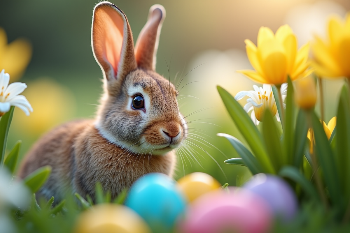 Lapin de Pâques cachant des oeufs colorés parmi des buissons en fleurs