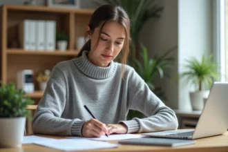 Jeune mère rédigeant une lettre de demande de temps partiel 80% après congé maternité à son bureau à domicile