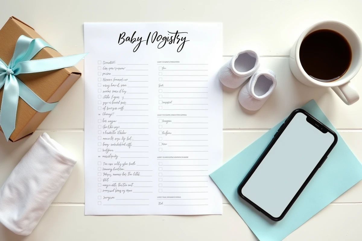 Vue du dessus d'une liste de naissance imprimée entourée de cadeaux et d'accessoires bébé sur une table blanche