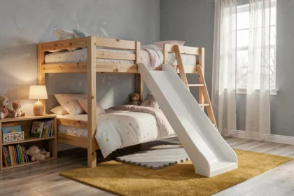 Lit cabane en bois avec toboggan intégré dans une chambre d'enfant décorée en tons pastels, avec tapis moelleux et étagère de livres