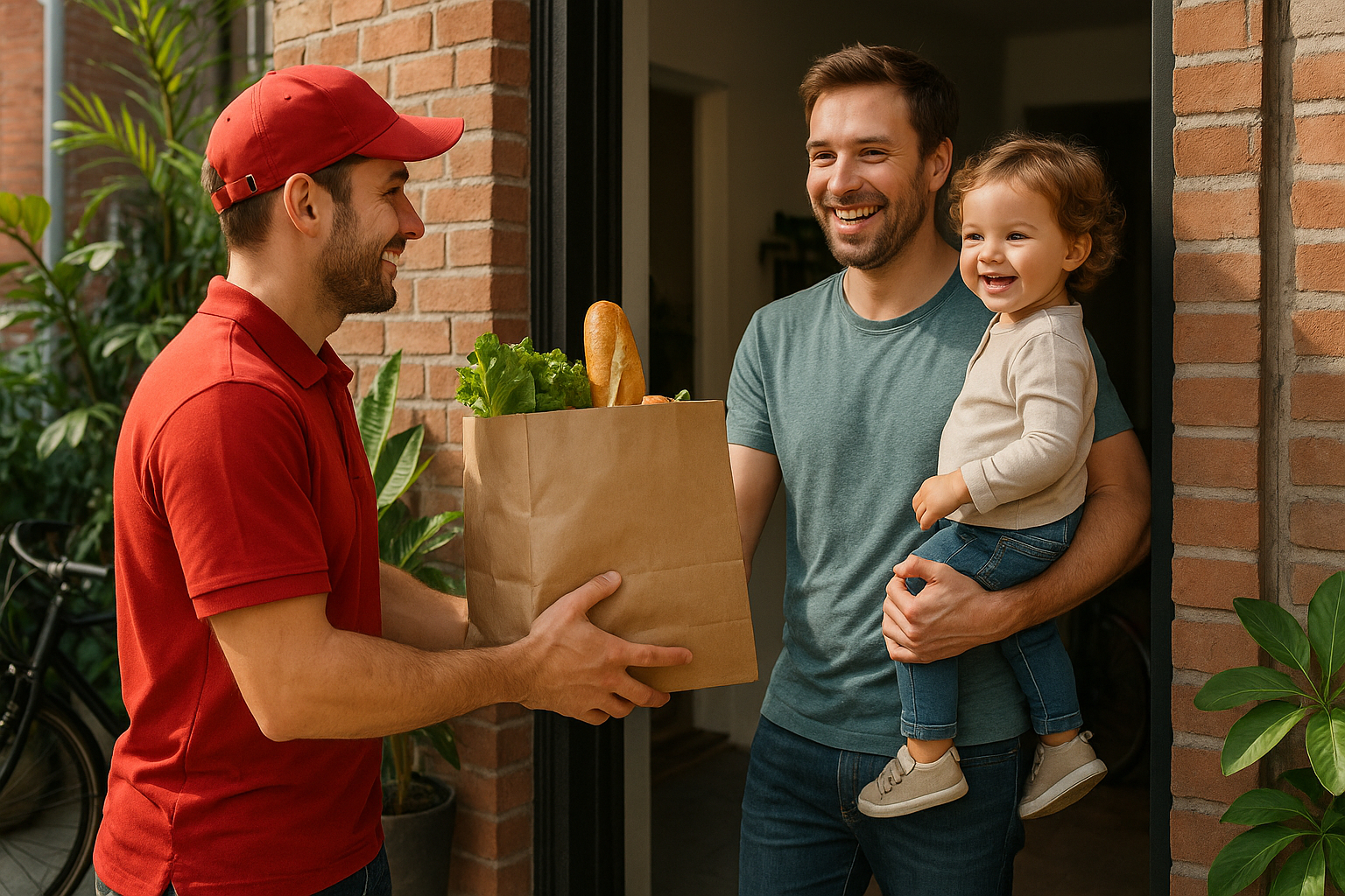 Livreur remettant un sac de courses à un père souriant