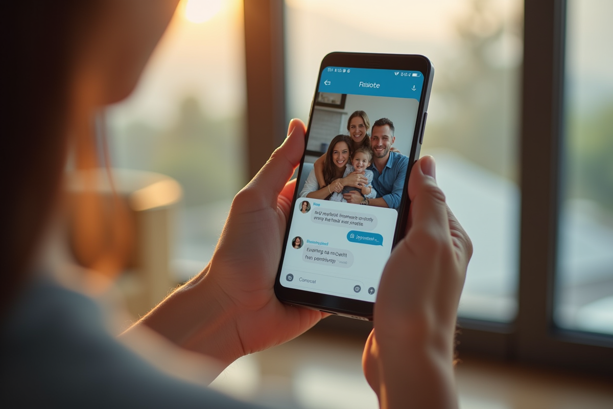 Mains tenant un smartphone avec invitation famille affichée