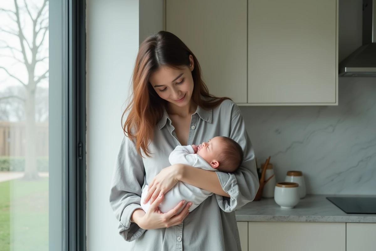 Maman portant son bébé endormi contre elle dans une cuisine moderne minimaliste, atmosphère douce et naturelle