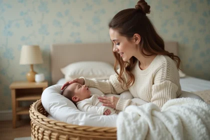Jeune maman soulève tendrement son bébé endormi