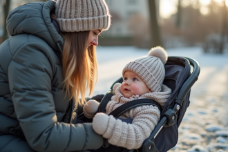 Maman en hiver avec son bébé dans une poussette en plein air