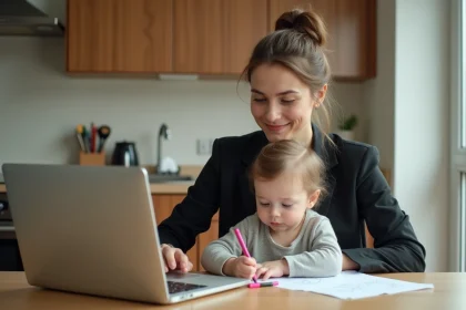 Maman et son enfant dans la cuisine avec ordinateur