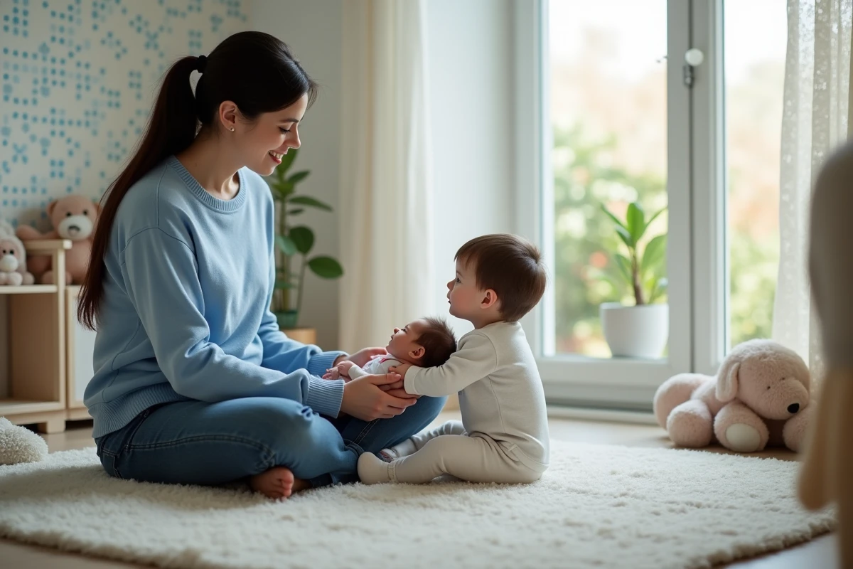 Maman et enfant jouant avec une poupée reborn dans la nurserie