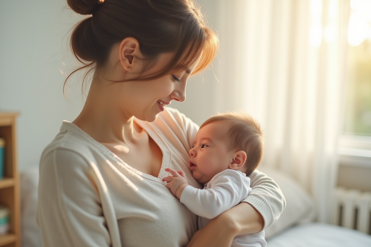 Maman tenant son bébé dans une nurserie lumineuse