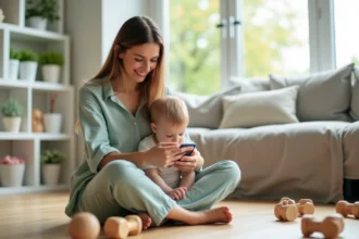 Jeune maman connectée assise sur le sol avec son enfant, utilisant une application sur smartphone dans un salon moderne et lumineux