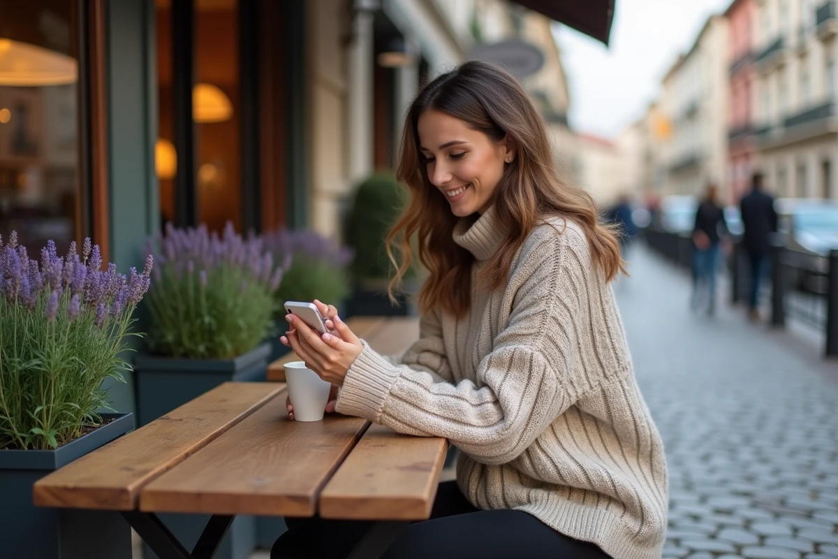 Maman connectée en terrasse de café consultant Mamzin sur son smartphone dans un cadre urbain européen et détendu
