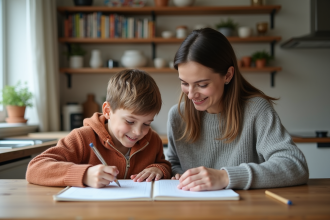 Maman et son enfant de 8 ans faisant leurs devoirs à la cuisine