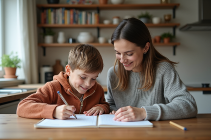 Maman et son enfant de 8 ans faisant leurs devoirs à la cuisine