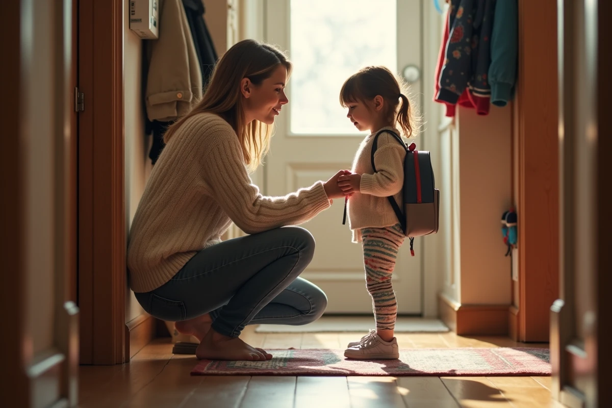 Maman parlant doucement avec sa fille dans un couloir chaleureux