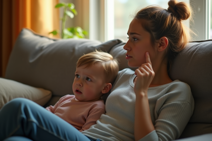 Maman inquiète avec son enfant dans un salon chaleureux