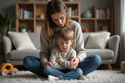 Maman préoccupée avec son fils frustré à la maison